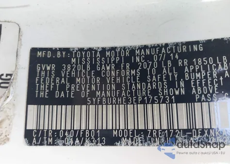 2014 Toyota Corolla Le Plus from USA, damaged, VIN 5YFBURHE3EP175731